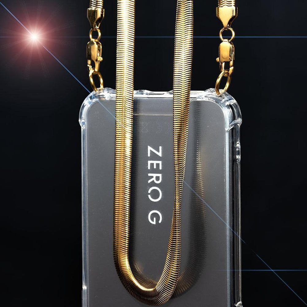 Hängende goldene Handykette mit Karbinerhäkchen.