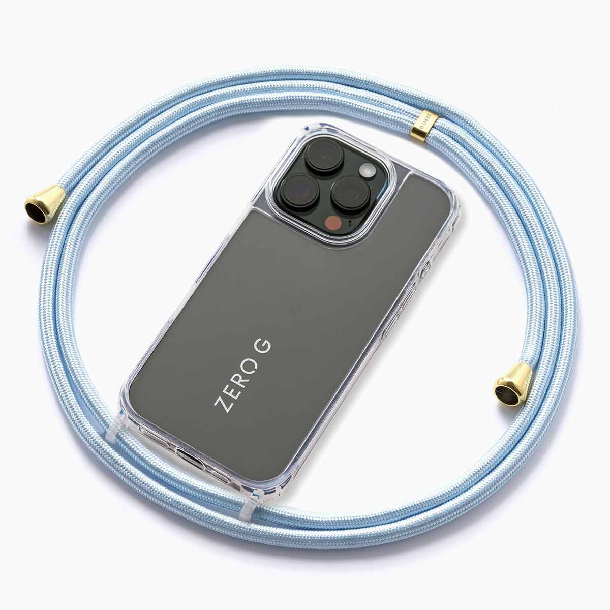 Glänzende hellblaue Handykette mit goldenem Slider und Endstücken.