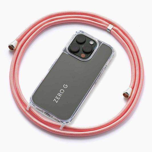 Glänzende Korall-Pinke Handykette mit silbernem Slider und Endstücken.