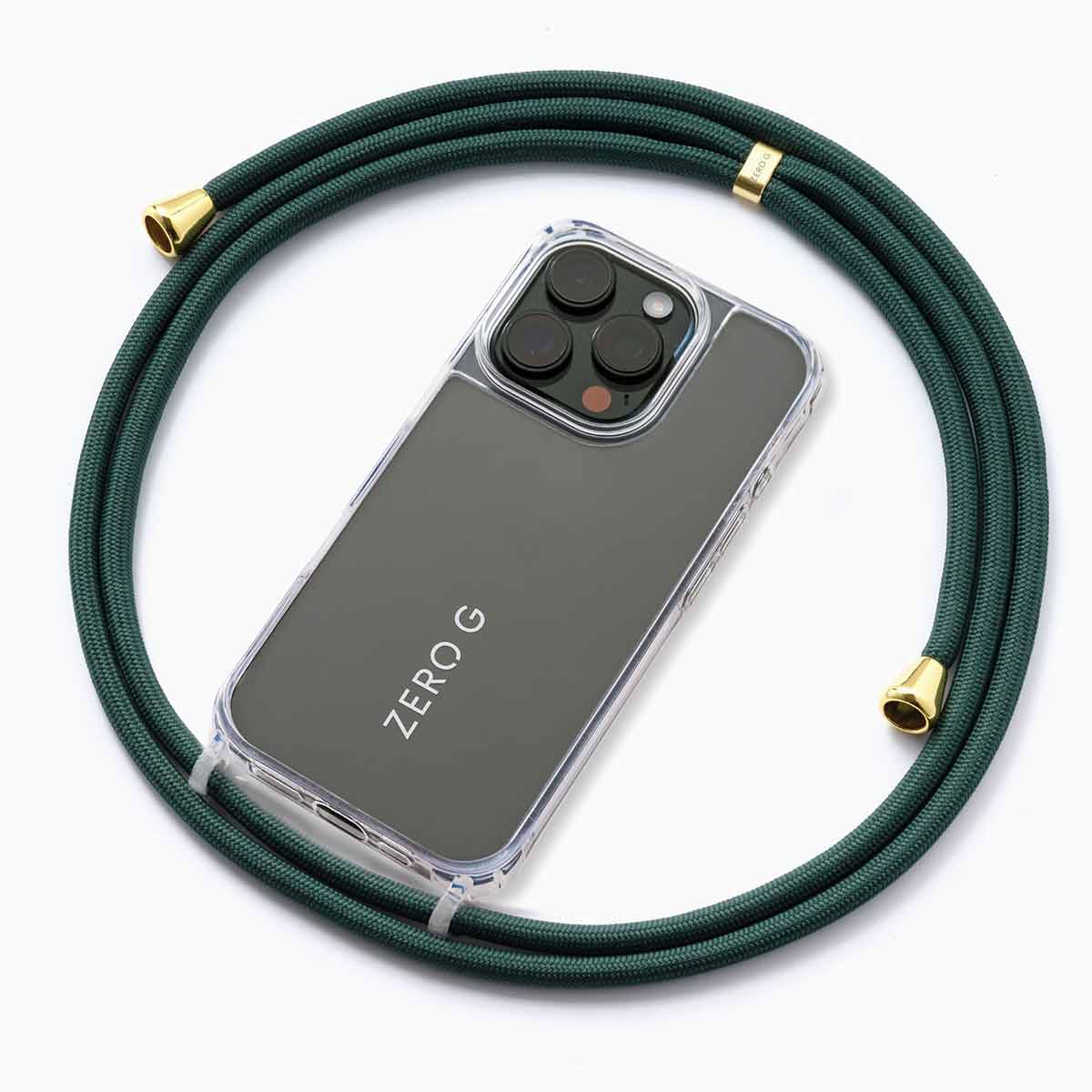 Dunkelgrüne Handykette mit goldenem Slider und Endstücken.