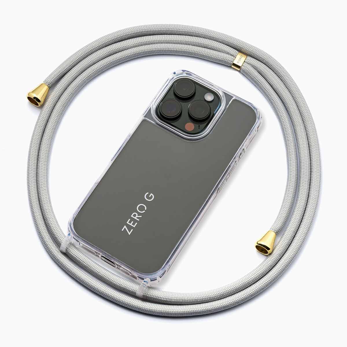 Gerollte hellblaue Handykette mit goldenen Akzenten