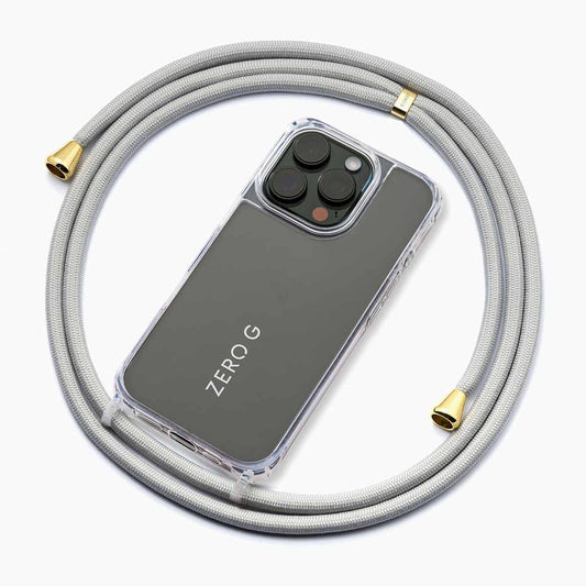 Gerollte hellblaue Handykette mit goldenen Akzenten