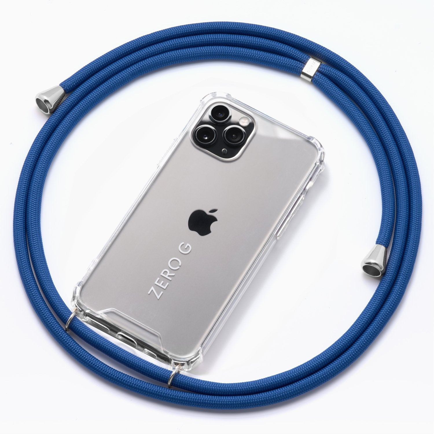 Kornblumenblaue Handykette für das Apple iPhone 11 Pro Max mit goldenem Slider und Endstücken.