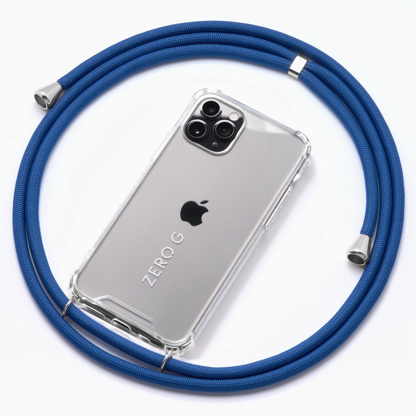 Kornblumenblaue Handykette für das iPhone 12 Pro Max mit goldenem Slider und Endstücken.