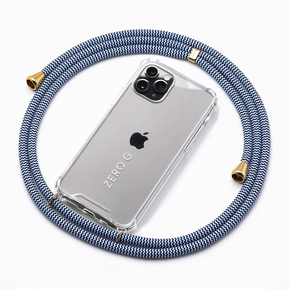 white and blue mobile phone chain